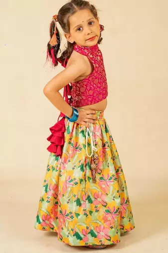 Girls pink sleeveless top and roman printed lehenga (set of 2)