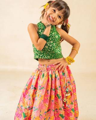 Girls green sleeveless top and roman printed lehenga (set of 2) 2