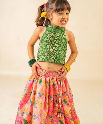 Girls green sleeveless top and roman printed lehenga (set of 2) 3