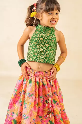 Girls green sleeveless top and roman printed lehenga (set of 2)