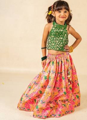 Girls green sleeveless top and roman printed lehenga (set of 2) 1