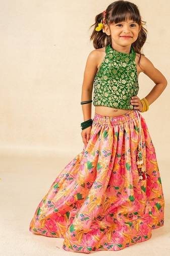 Girls green sleeveless top and roman printed lehenga (set of 2)