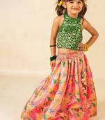 Girls green sleeveless top and roman printed lehenga (set of 2)