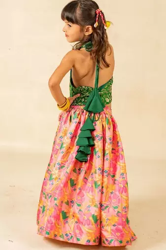 Girls green sleeveless top and roman printed lehenga (set of 2)