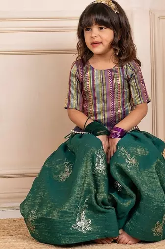 Girls banarasi brockade top and fandy crush embroidered lehenga (set of 2)