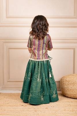 Girls banarasi brockade top and fandy crush embroidered lehenga (set of 2) 2
