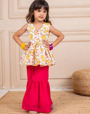Girls chinion embroidered white pemplum top and pink sharara (set of 2) 1