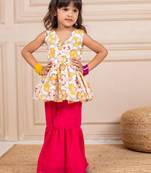 Girls chinion embroidered white pemplum top and pink sharara (set of 2)