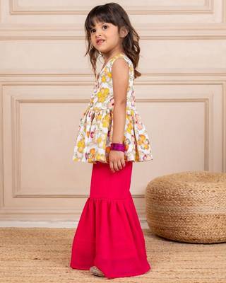 Girls chinion embroidered white pemplum top and pink sharara (set of 2) 2
