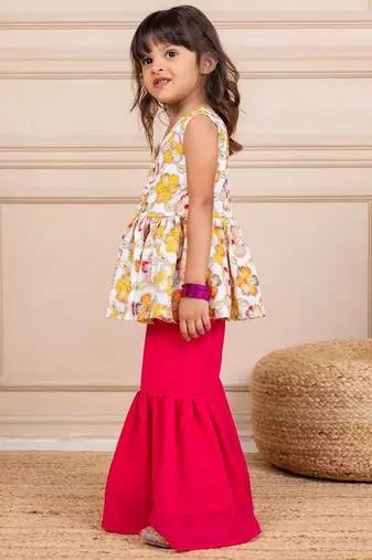 Girls chinion embroidered white pemplum top and pink sharara (set of 2)