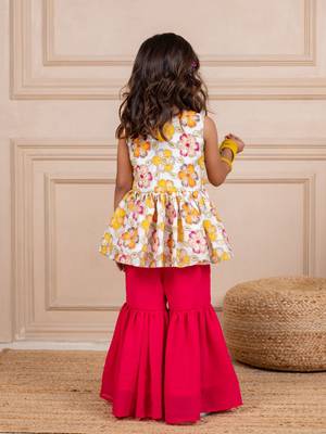 Girls chinion embroidered white pemplum top and pink sharara (set of 2) 3