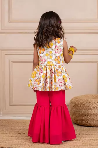 Girls chinion embroidered white pemplum top and pink sharara (set of 2)