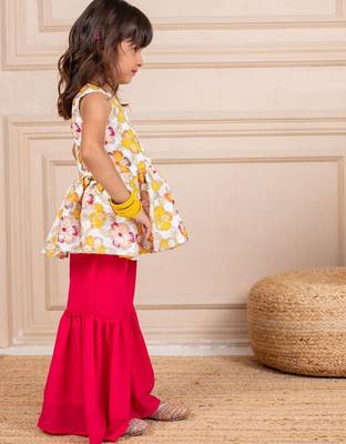 Girls chinion embroidered white pemplum top and pink sharara (set of 2) 4