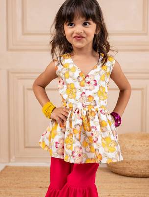 Girls chinion embroidered white pemplum top and pink sharara (set of 2) 5