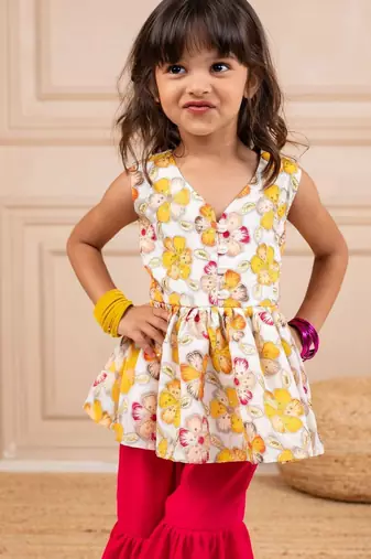 Girls chinion embroidered white pemplum top and pink sharara (set of 2)