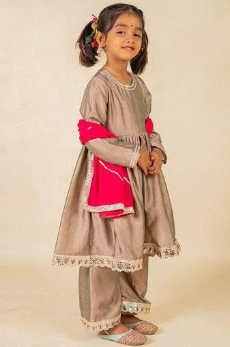 Girls gray anarkali top and palazzo with dupatta (set of 3)