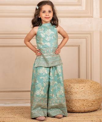 Girls dola silk embroidered mint sleeveless top with palazzo (set of 2) 1