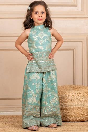 Girls dola silk embroidered mint sleeveless top with palazzo (set of 2)