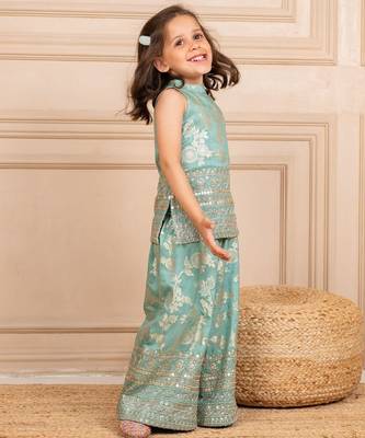 Girls dola silk embroidered mint sleeveless top with palazzo (set of 2) 2