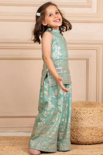 Girls dola silk embroidered mint sleeveless top with palazzo (set of 2)