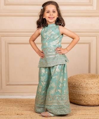 Girls dola silk embroidered mint sleeveless top with palazzo (set of 2) 3