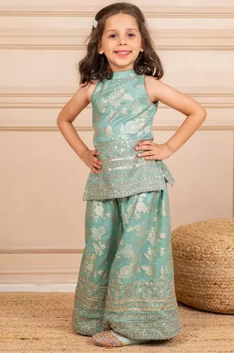 Girls dola silk embroidered mint sleeveless top with palazzo (set of 2)