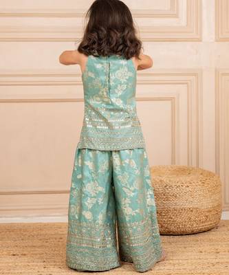 Girls dola silk embroidered mint sleeveless top with palazzo (set of 2) 4