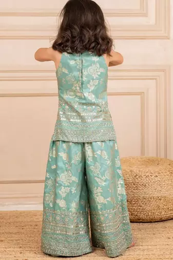 Girls dola silk embroidered mint sleeveless top with palazzo (set of 2)