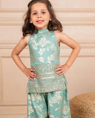 Girls dola silk embroidered mint sleeveless top with palazzo (set of 2) 5