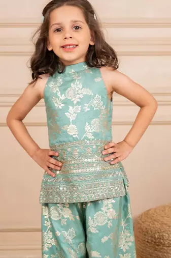 Girls dola silk embroidered mint sleeveless top with palazzo (set of 2)