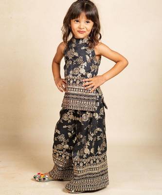 Girls dola silk embroidered black sleeveless top with palazzo (set of 2) 1