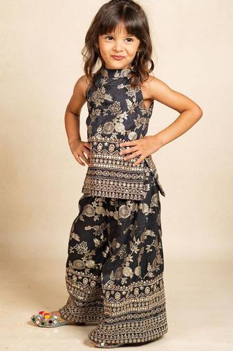 Girls dola silk embroidered black sleeveless top with palazzo (set of 2)
