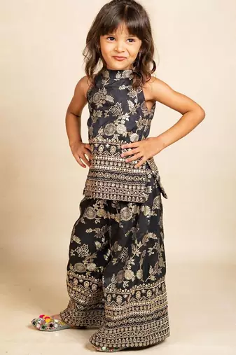 Girls dola silk embroidered black sleeveless top with palazzo (set of 2)