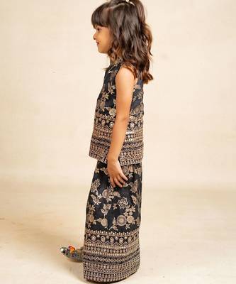 Girls dola silk embroidered black sleeveless top with palazzo (set of 2) 2