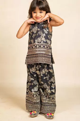 Girls dola silk embroidered black sleeveless top with palazzo (set of 2)