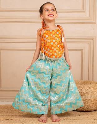 Girls orange brocade top and ocean blue zig zag embroidered palazzo (set of 2) 1