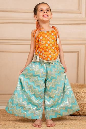 Girls orange brocade top and ocean blue zig zag embroidered palazzo (set of 2)