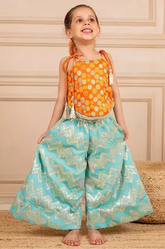 Girls orange brocade top and ocean blue zig zag embroidered palazzo (set of 2)