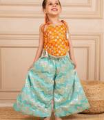Girls orange brocade top and ocean blue zig zag embroidered palazzo (set of 2)