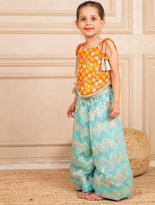 Girls orange brocade top and ocean blue zig zag embroidered palazzo (set of 2) 2