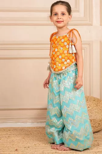 Girls orange brocade top and ocean blue zig zag embroidered palazzo (set of 2)