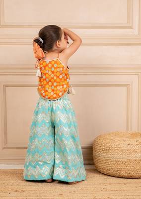 Girls orange brocade top and ocean blue zig zag embroidered palazzo (set of 2) 3