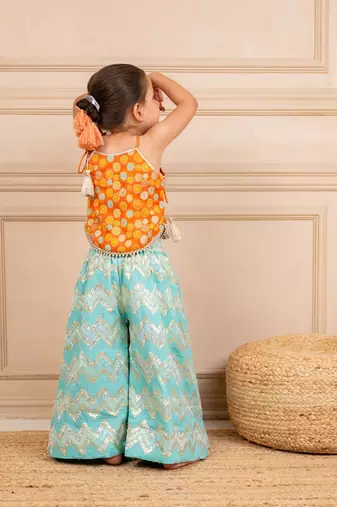 Girls orange brocade top and ocean blue zig zag embroidered palazzo (set of 2)