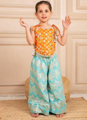 Girls orange brocade top and ocean blue zig zag embroidered palazzo (set of 2) 4