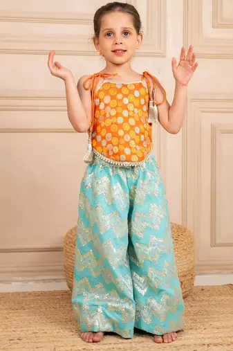 Girls orange brocade top and ocean blue zig zag embroidered palazzo (set of 2)