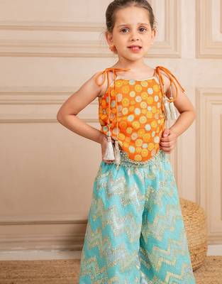 Girls orange brocade top and ocean blue zig zag embroidered palazzo (set of 2) 5