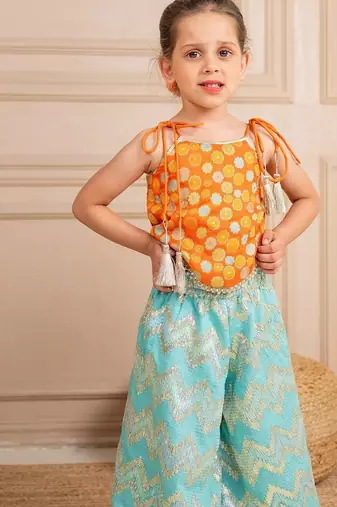 Girls orange brocade top and ocean blue zig zag embroidered palazzo (set of 2)