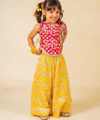 Girls pink brocade top and yellow zig zag embroidered palazzo (set of 2) 1