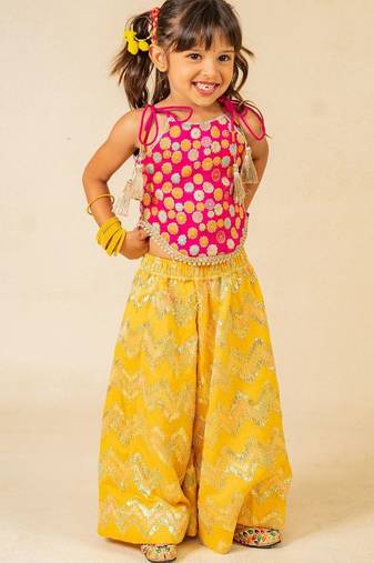 Girls pink brocade top and yellow zig zag embroidered palazzo (set of 2)