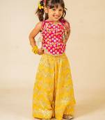 Girls pink brocade top and yellow zig zag embroidered palazzo (set of 2)